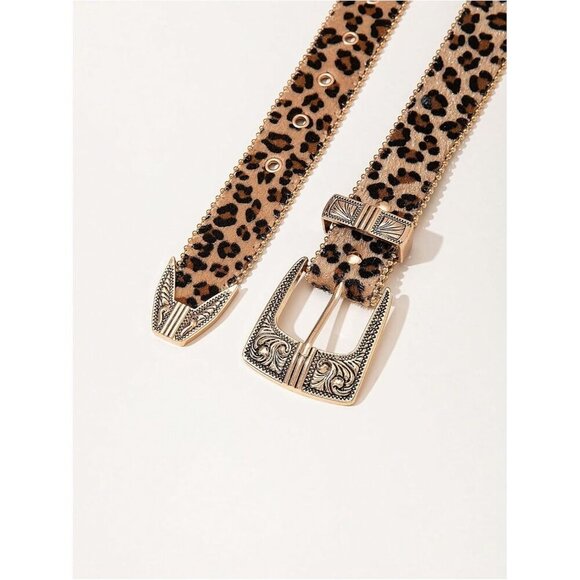 Leopard Print Faux Leather Belt for Women Y2K Western Buckle Streetwear